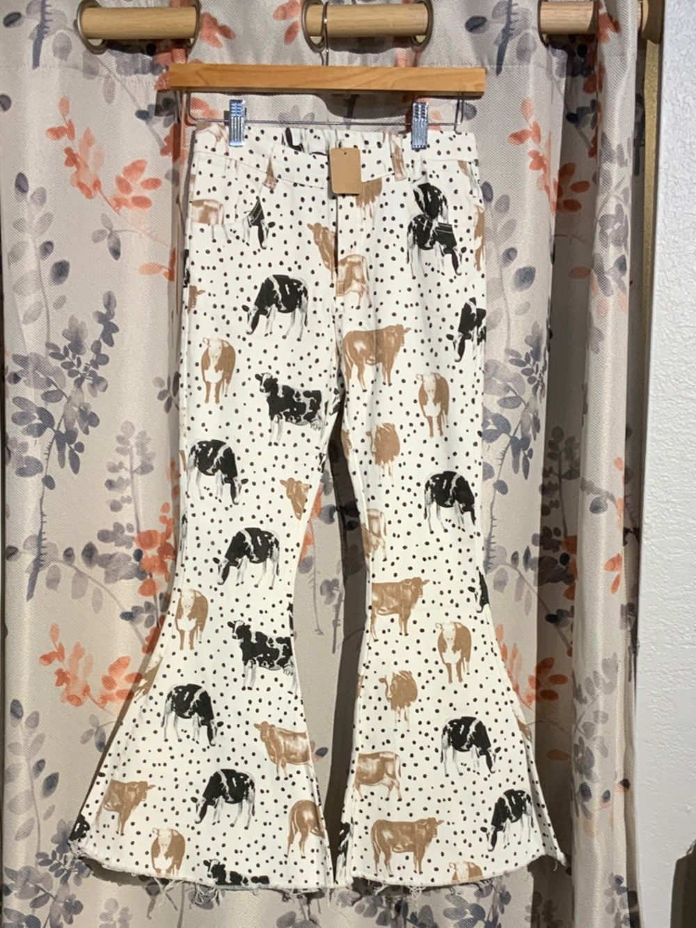 NWT Boutique Cream Cow Print Flare Pants Size 6XL